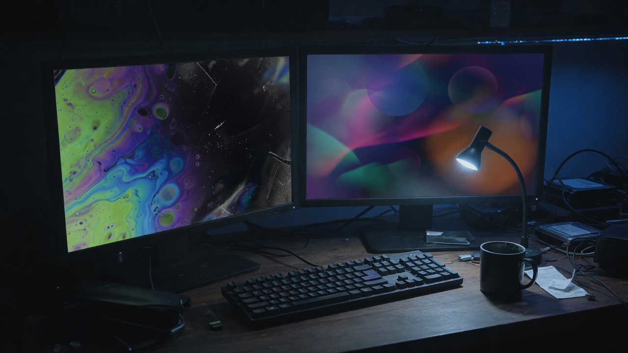 A dim workbench with two monitors showing generated images.